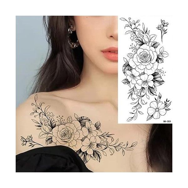 Neoreser Temporaire Tatouages 10 Feuilles, Tatouage Autocollants, Fleurs Noires Tatouage Ephemere Faux Tatouages pour Adultes