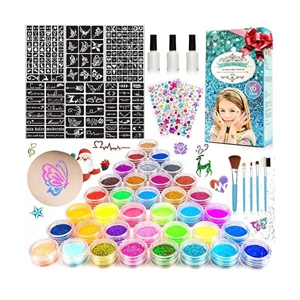 Kit Tatouage Paillettes Enfant Filles, 36 Couleurs Tatouage Éphémère mit 182 Pochoirs 215 Strass - Non-toxique Kit Maquillage