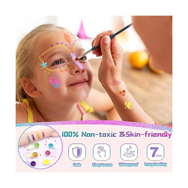 Kit Tatouage Paillettes Enfant Filles, 36 Couleurs Tatouage Éphémère mit 182 Pochoirs 215 Strass - Non-toxique Kit Maquillage