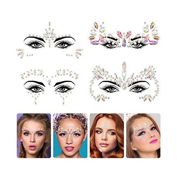 4 Pièces Strass Visage, Strass Autocollant Visage, Strass Maquillage Tatouage Temporaire, Strass Visage Festival Pour Carnava