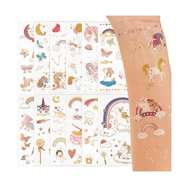 GEBETTER 12Feuilles Tatouage Temporaire Licorne Autocollant Tatouage Ephémère Etanche Décoration Fête Cadeau Anniversaire pou