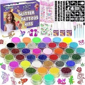FAMKEEP Kit de Tatouage à Paillettes Enfant,41 Couleurs Tatouage Temporaire à Paillettes mit 148 Pochoirs, 5 Pinceaux,Non-tox