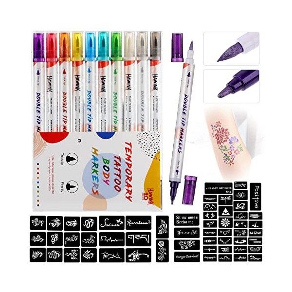 HAWINK Marqueurs de tatouage temporaires pour la peau, 10 marqueurs corporels + 20 grands modèles de tatouage stylo de tatoua