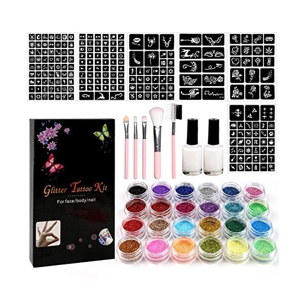 Koogel Pochoirs de Tatouage Temporaire, 20 Feuilles 524 Pièces de Paillettes de Tatouage avec des Tochoirs de Maquillage