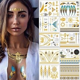 Tatouages Temporaires – Meersee 10 Planches de Tatouages éphémères métalliques Étanche brillants motifs variés Tatouage