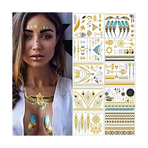 Tatouages Temporaires – Meersee 10 Planches de Tatouages éphémères métalliques Étanche brillants motifs variés Tatouage