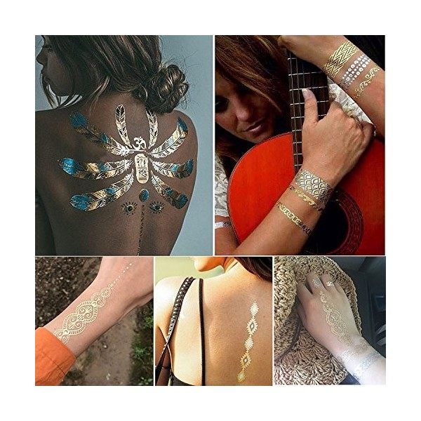 Tatouages Temporaires – Meersee 10 Planches de Tatouages éphémères métalliques Étanche brillants motifs variés
