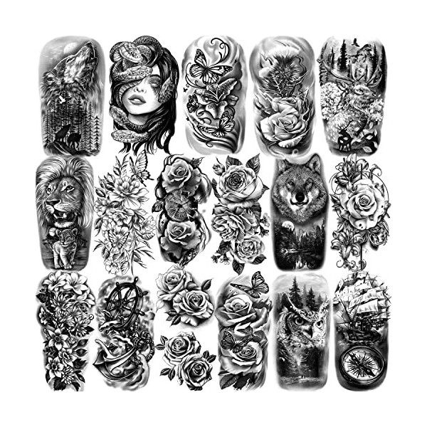 77 feuilles de tatouages temporaires autocollants, 17 feuilles de faux corps bras poitrine épaule tatouages pour hommes ou fe