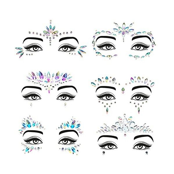 Strass Autocollant Visage [ 6 Bijoux de peau HAUTE QUALITE ] Diamant Visage + Corps -Paillettes Visage pour Maquillage Festiv...