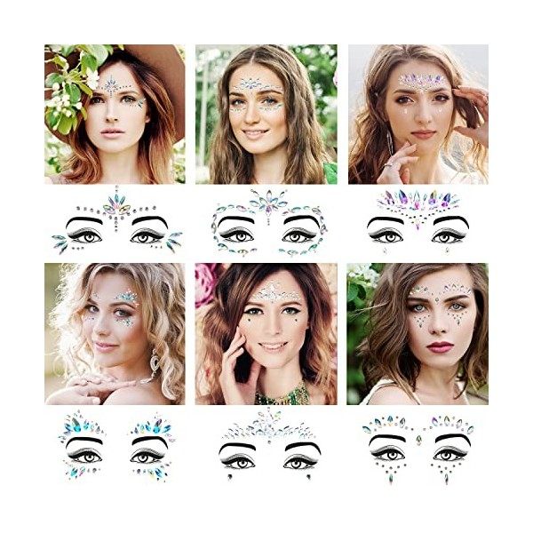 Strass Autocollant Visage [ 6 Bijoux de peau HAUTE QUALITE ] Diamant Visage + Corps -Paillettes Visage pour Maquillage Festiv...