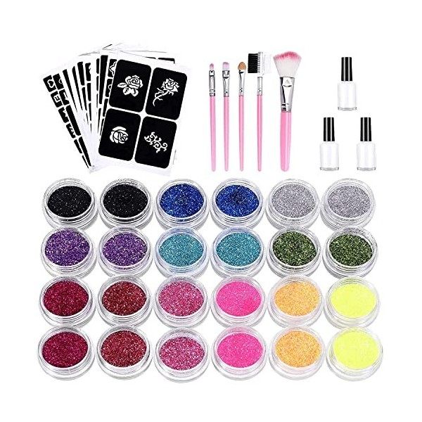 Kit Tatouage Paillettes, Kastiny Tatouages Temporaires de Maquillage Peintures avec 24 paillettes de Couleurs, Motif Dautoco