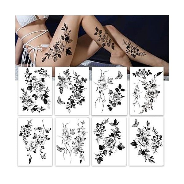 Roarhowl 18 dessins,Grande tatouage temporaire femme sexy papillon Fleurs Abdomen,poitrine Rose tattoo | Roarhowl Tatouage