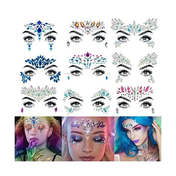 Amaza Strass Autocollant, Tatouage Temporaire Strass Visage, Strass Bindi Bijoux De Front 4 Parties 9 Feuilles Tatouage