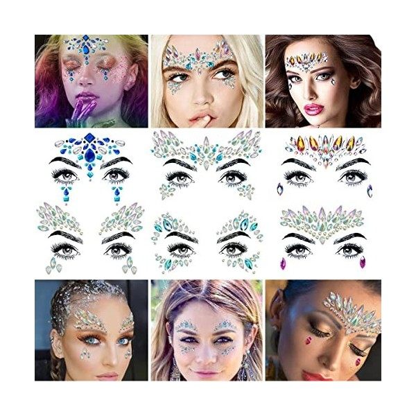 Amaza Strass Autocollant, Tatouage Temporaire Strass Visage, Strass Bindi Bijoux De Front 4 Parties 9 Feuilles 