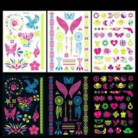 Konsait 7 grandes feuilles néon tatouages temporaires, 100+ Designs lueur UV néon corps visage bras tatouages éphémères faux 