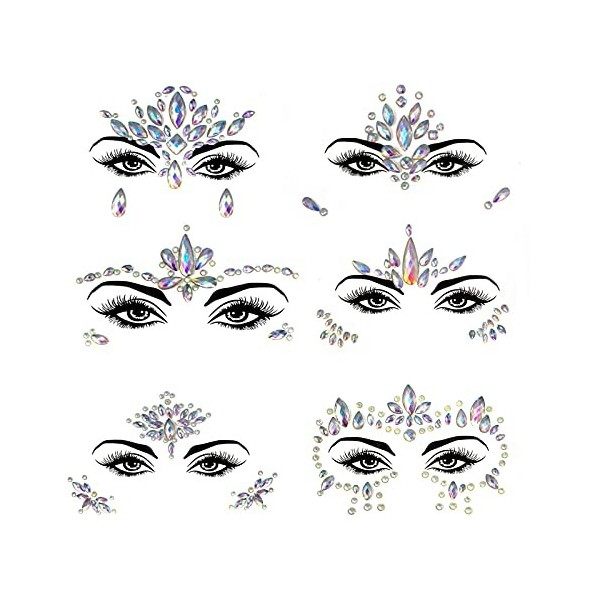 DAWRIS 6 PCS Visage gemmes strass autocollant, auto-adhésif Gemmes de visage autocollant Tatouage Temporaire Strass Visage Bi