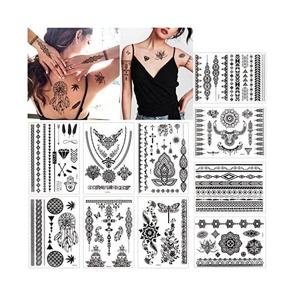 Konsait 10 feuilles tatouages ephemeres femmes, Mandala Tatouages Temporaires Impermeable Tattoo ephemere Mehndi tatouage pou