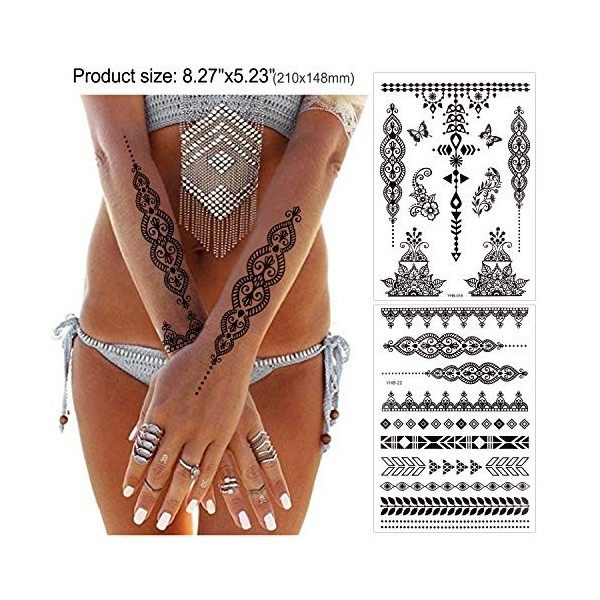 Konsait 10 feuilles tatouages ephemeres femmes, Mandala Tatouages Temporaires Impermeable Tattoo ephemere Mehndi tatouage pou