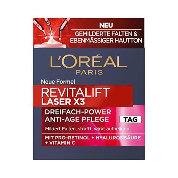 LOréal Paris Soin du visage de jour, raffermissant et revitalift Laser X3, avec acide hyaluronique, vitamine C et pro-rétino ...