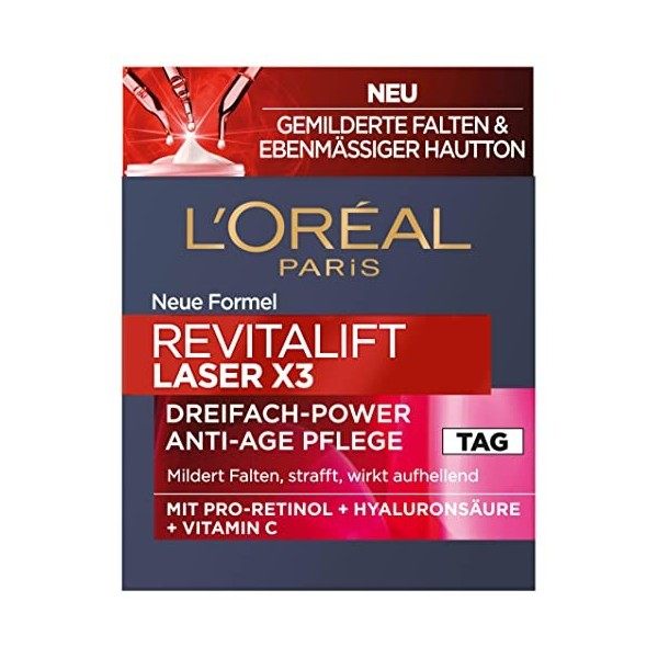 LOréal Paris Soin du visage de jour, raffermissant et revitalift Laser X3, avec acide hyaluronique, vitamine C et pro-rétino