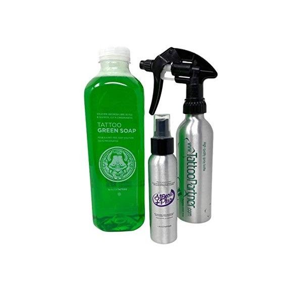 ALOE TATTOO Profi Set : savon vert, liquide extracteur, flacon pulvérisateur TP – INKgrafiX® Allemagne – Profi STUDIO – IG547...