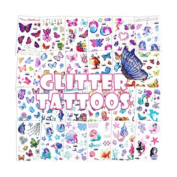 Konsait Tatouage temporaire paillettes pour les filles, 24 feuilles de papillon, sirène, fée, fleurs, autocollants pour les e