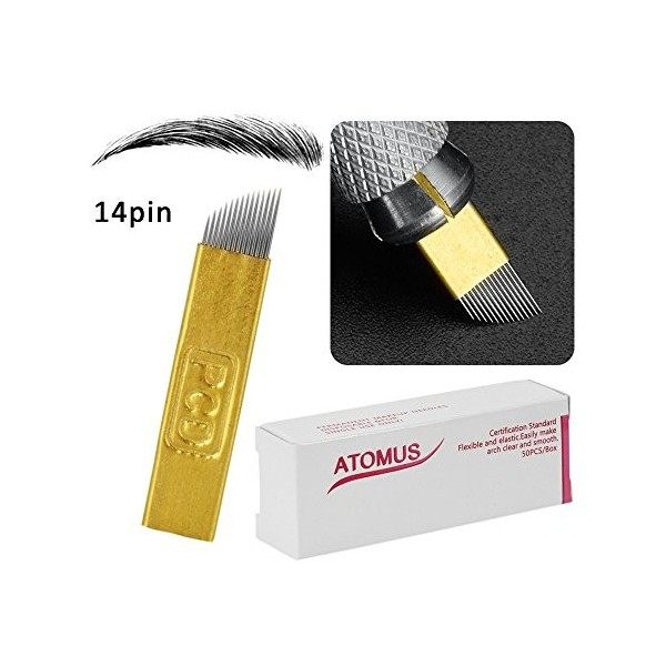 ATOMUS 50 pcs Microblading Blade 14PIN Permanent Maquillage Manuel Sourcil Tattoo Aiguille Pin Gold 