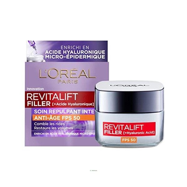 L’Oréal Paris - Soin Repulpant Intense Anti-âge FPS 50 - Crème de Jour à l’Acide Hyaluronique avec Protection UV - Rides & Ri...