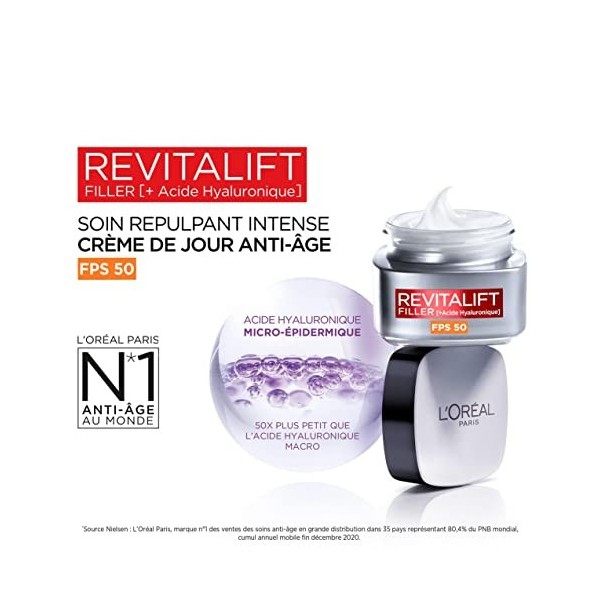 L’Oréal Paris - Soin Repulpant Intense Anti-âge FPS 50 - Crème de Jour à l’Acide Hyaluronique avec Protection UV - Rides & Ri