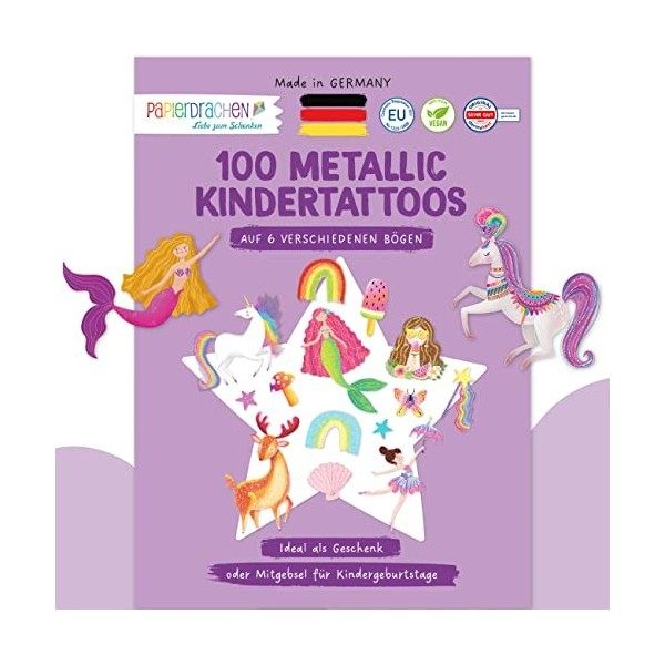100 tatouages métalliques à coller - tatouages pour enfants respectueux de la peau - licorne et arc-en-ciel - motifs cool - c...