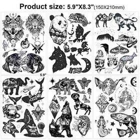 Konsait 6 Feuilles Noir Autocollants Tatouage Temporaire pour Adulte Fomme Femme Animal Loup Tigre Lion Crâne Papillon Dragon