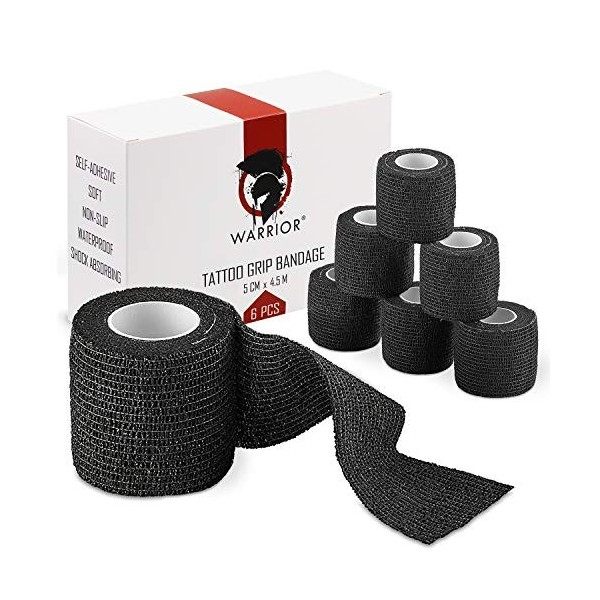 WARRIOR Tattoo Grip Cover Roll Black Elastic Handle Cover pour Tattoo Grip Gaze Bandage Auto-adhésif 4.5m x 5cm Emballage 6 p