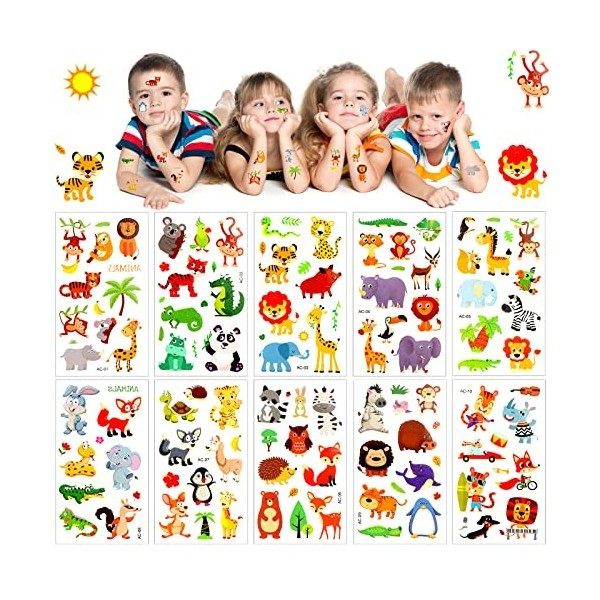 Tatouage Enfant, 10 Feuilles Tatouage Temporaire, Tatouage Enfant Garcon Fille, Etanche Tatouage Ephémère, Animal Tatouages T