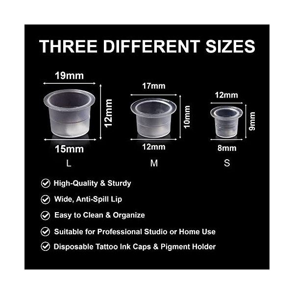 Lot de 360 capsules dencre de tatouage - Tailles différentes : S, M, M, 12, L et 15 Tatouage