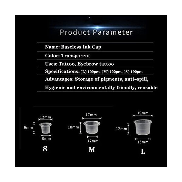 Lot de 300 capuchons dencre de tatouage avec 1 porte-gobelet - Tailles mixtes : 100, 100, 100, 100 grands pour encre de tato ...
