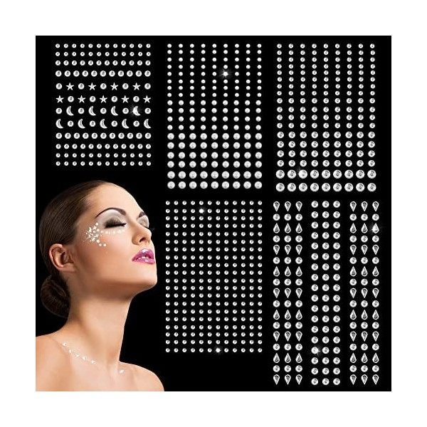 Strass Visage Auto Adhésifs, 850 Pcs Gemmes Strass Autocollants Paillettes Strass Tatouages Temporaires pour Visage Yeux Corp