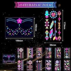 VEGCOO 15 Feuilles Néon Tatouages Temporaires, Néon Glow UV Autocollant de Tatouage Phosphorescent, Autocollant de visage, Fa