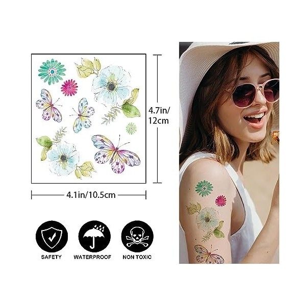 Rosymormor 18 Feuilles Tatouages Ephemere Paillettes pour Femmes Filles, Papillon Fleurs Visage Corps Brillant Imperméable Fa