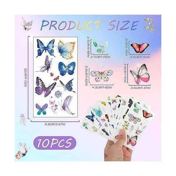 10 Feuilles（110+PCS Tatouage Temporaire Papillon, Tatouage Temporaire Enfant Tatouages de Main de Bras de Visage Imperméable