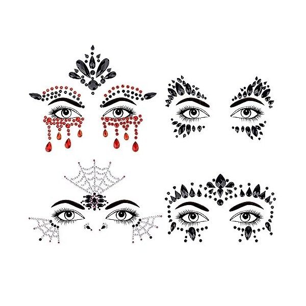 4 Ensembles Autocollants Bijoux Halloween, Paillettes Gemmes Visage Pré-Assortis Diamant Visage Maquillage Diamant Visage Fes