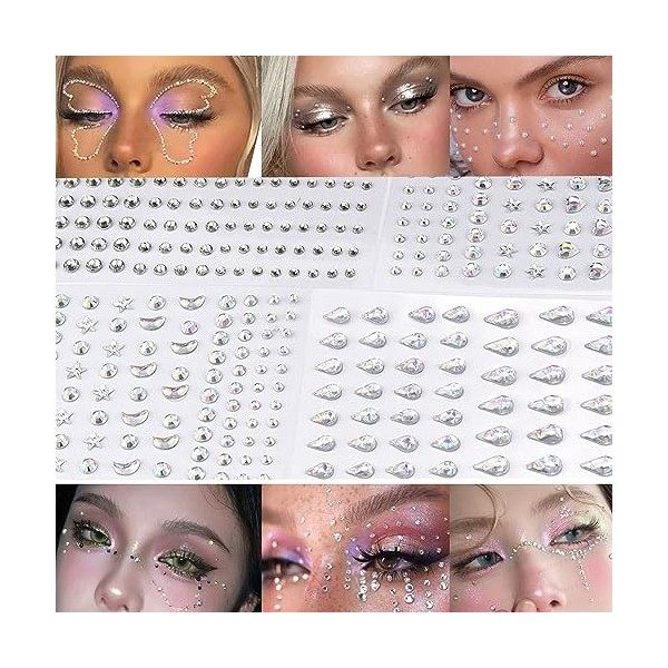 SStrass Visage Festival 776 pcs Strass Autocollant Visage Festival Gemmes de Visage Cristal Auto-Adhésifs pour Visage Yeux Co