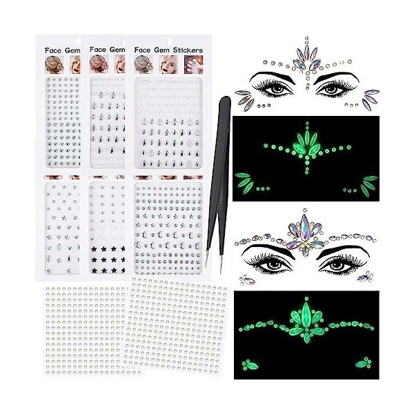 BDSHUNBF 10 Feuilles Strass Visage Autocollant, Strass Autocollant Diamant, Gemmes de Visage Tatouages Temporaires pour Visag