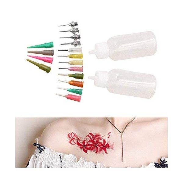 Lot de 2 Flacons Applicateurs de Tatouage Temporaires en Plastique Transparent avec 16 Pointes Daiguilles pour Cône de Tatou