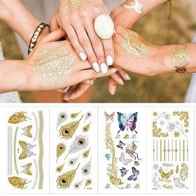 WKRTDY Temporaire tatouage doré 4 feuilles pour femmes et filles - Métallique brillant, idéal pour les adultes Tatouage