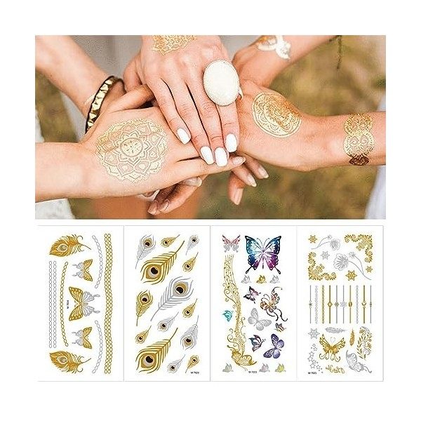WKRTDY Temporaire tatouage doré 4 feuilles pour femmes et filles - Métallique brillant, idéal pour les adultes Tatouage