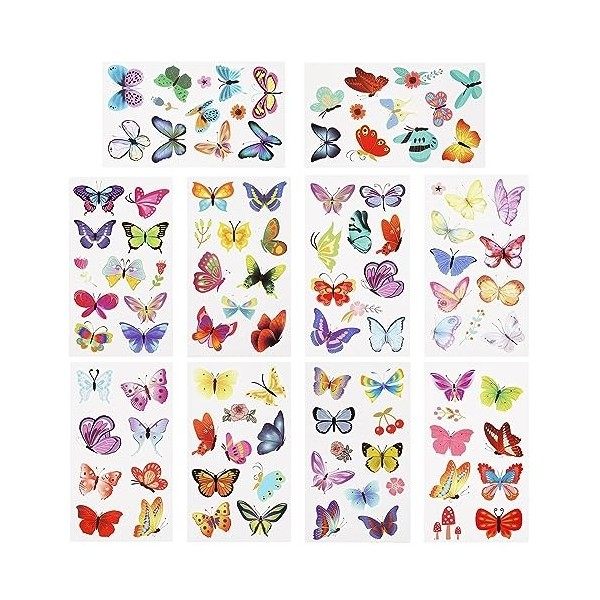 10 Feuilles Tatouage Temporaire Papillon, 102pcs Autocollants De Tatouage Papillon Coloré Tatouage Papillon pour Enfants Femm