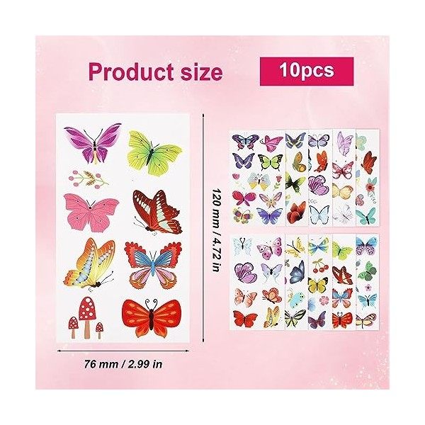 10 Feuilles Tatouage Temporaire Papillon, 102pcs Autocollants De Tatouage Papillon Coloré Tatouage Papillon pour Enfants Femm