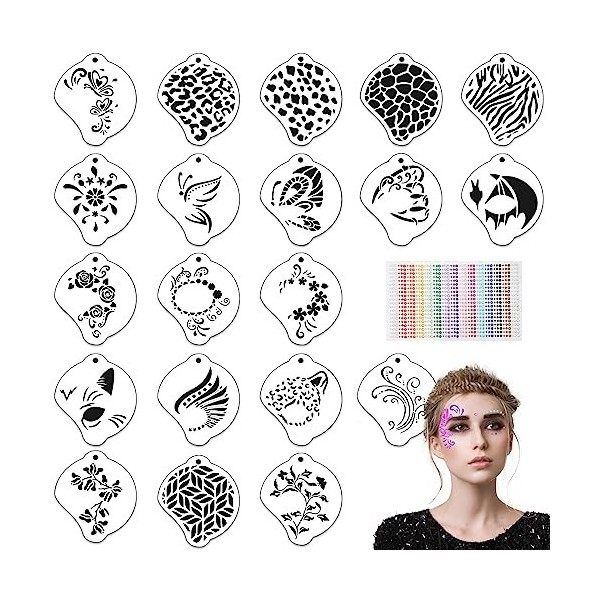 OOTSR 20 Feuilles Pochoirs de Peinture avec Strass Visage pour Adulte, Pochoir Tatouage Temporaire de Yeux Réutilisable pour 