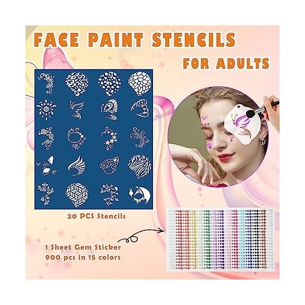 OOTSR 20 Feuilles Pochoirs de Peinture avec Strass Visage pour Adulte, Pochoir Tatouage Temporaire de Yeux Réutilisable pour 