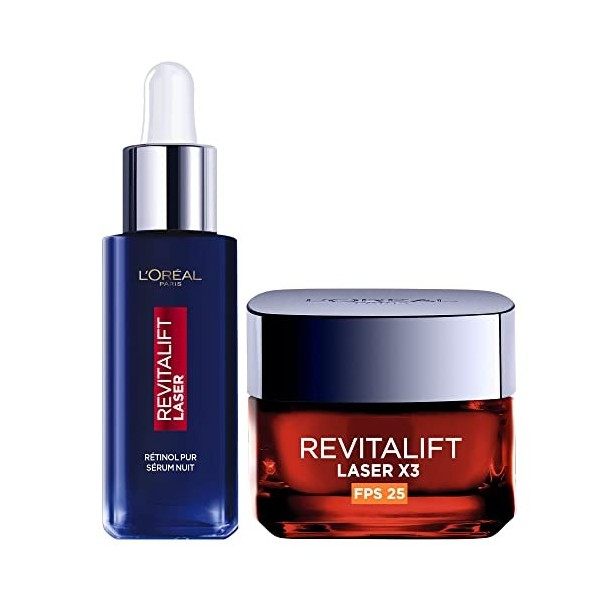 L’Oréal Paris – Coffret Routine Jour & Nuit, Anti-âge & Anti-rides profondes – Sérum Nuit Rétinol Pur + Crème de Jour FPS 25 ...